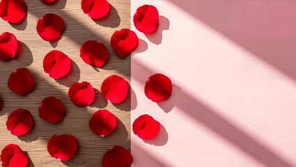 Flat lay of vibrant red rose petals scattered across a surface divided into natural wood and soft pink sections with sharp diagonal sunlight and shadows.