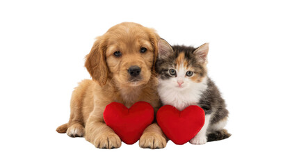 Fototapeta premium Golden retriever puppy and a kitten cuddling together holding red heart shapes in their paws, facing forward pure white background cutout