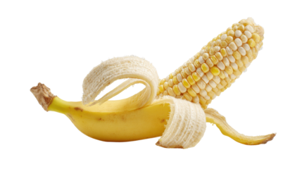 Banana peel opening to reveal corn cob, symbolizing genetic modification, hybrid foods, and food manipulation concepts
