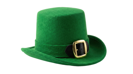 Green st patricks day top hat with a gold buckle decoration, angled slightly towards the left side of the studio shot on white and transparent