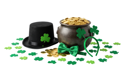 A black leprechaun hat with a shamrock next to a pot of gold with shamrocks and confetti on a white background product shot isolated