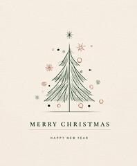 Minimalist Christmas Tree Greeting Card Design with Geometric Lines and Delicate Baubles, Modern Holiday Background Template with Star, Simple Green Festive Illustration