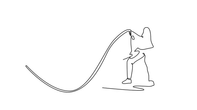 powerful guy using ropes during workout. Gym Property concept. Single line draw design. Full length animation illustration. High quality 4k footage