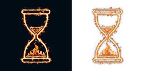 Hourglass fire flame and spark of deadline pressure for urgent time management in business project or financial tax season to represent fast period and fleeting moment of opportunity