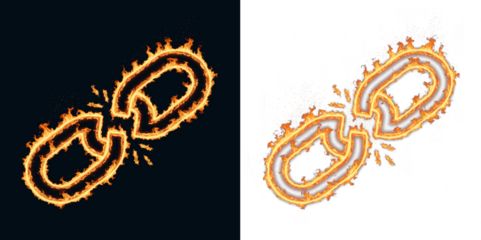 Broken burning chain link with fire flame representing security breach data leak or liberation from bond and debt in financial insurance and legal services for marketing presentation materials