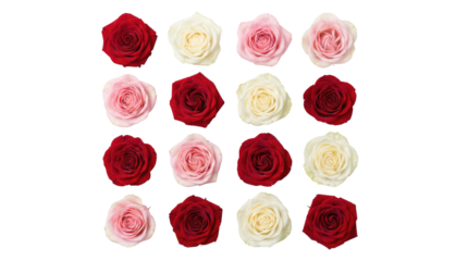 Sixteen arranged rose petals in red, pink, and cream colors are displayed in a grid formation on a bright surface on white and transparent