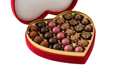 Heart shaped container filled with small round objects in various colors, with a red heart shaped lid, presented on white and transparent