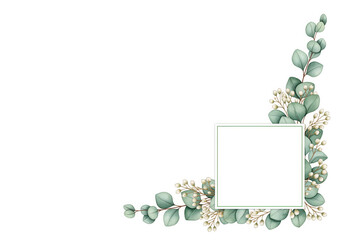 Watercolor eucalyptus leaves and white berries frame a square blank space for wedding invitation text or organic cosmetic product branding to create a nature inspired floral greeting card