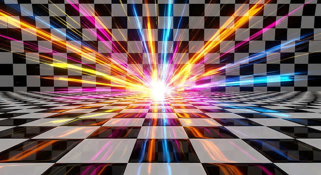 Black white checkered floor and wall with bright colorful light streaks abstract background