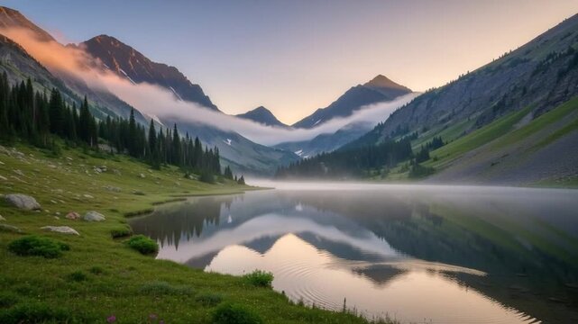 Serene Mountain Lake: A tranquil mountain lake reflects the majestic peaks and soft clouds above, painted with the pastel hues of sunrise, embodying peace and natural beauty.