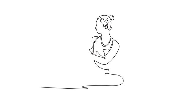 young woman doing core exercises using a medicine ball. Gym Property concept. Single line draw design. Full length animation illustration. High quality 4k footage