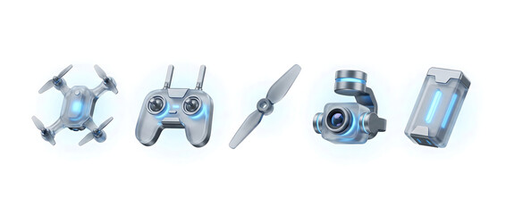 A collection of drone equipment and accessories, including a quadcopter, remote control, propeller, camera gimbal, and battery, all with a modern design.