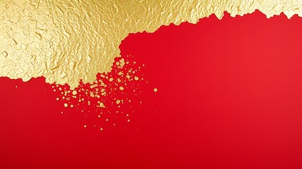 Textured gold leaf on vibrant red background with scattered particles crumpled