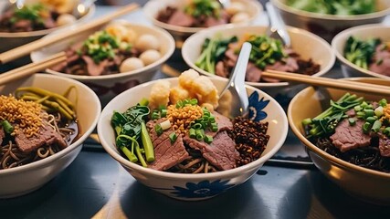 Savory Noodles: A culinary spectacle of appetizing noodles, exquisitely arranged in bowls, tantalizing taste buds with an array of flavors and textures.