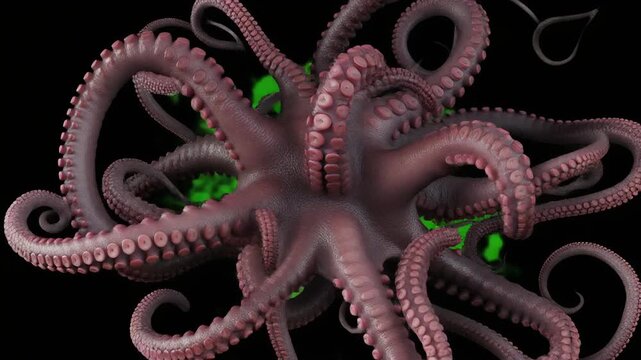 Compact organic mass of writhing tentacles pulsating on a black background, abstract alien life form or embryonic creature.
