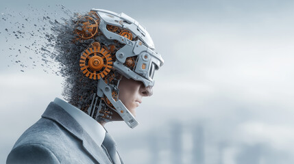 Disintegrating futuristic cyborg businessman head reveals mechanical gears automation and robotic mind in surreal digital concept art style