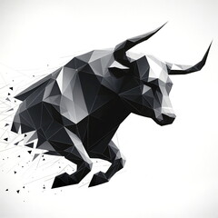 Low poly geometric bull charging forward in black and grey polygon style on a white background with abstract fragments. Concept of bull market, strength, growth and finance.