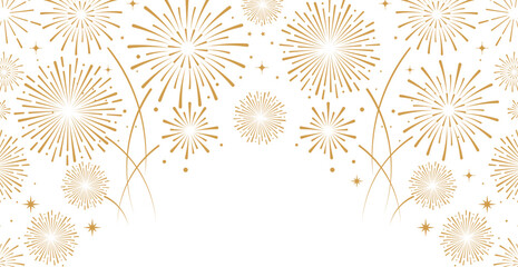 Elegant gold fireworks burst and sparkling stars on clean white background, festive celebration illustration for New Year, holiday party, greeting card, luxury event design, minimalist style vector. © bibin