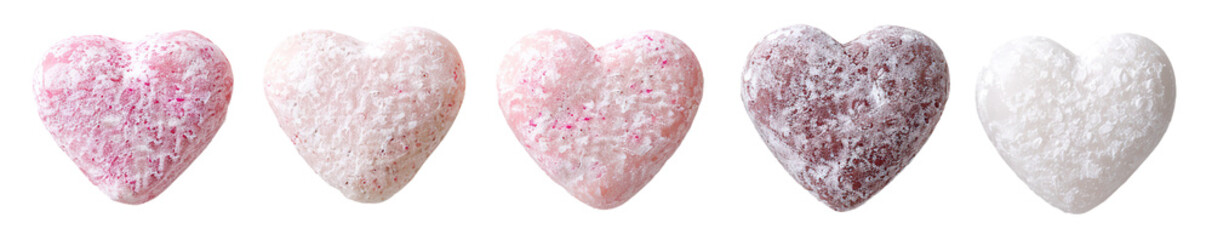 Fototapeta premium Five hearts in soft colors are neatly arranged in a line. Each heart features a unique texture, creating a lovely visual effect. Great for decorative purposes or special occasions