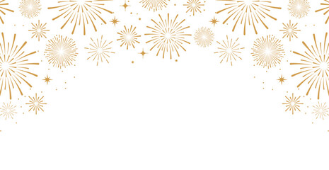Elegant gold fireworks burst and sparkling stars on clean white background, festive celebration illustration for New Year, holiday party, greeting card, luxury event design, minimalist style vector. © bibin