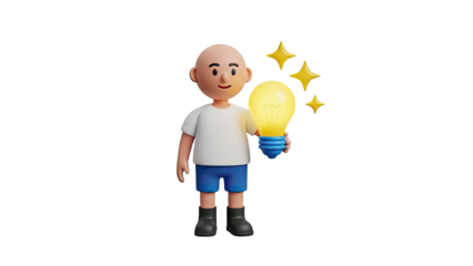 3D Character holding a glowing lightbulb with stars, symbolizing an idea on transparent background