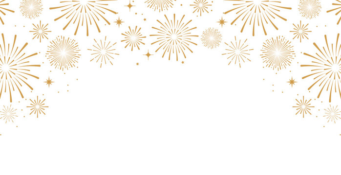 Elegant gold fireworks burst and sparkling stars on clean white background, festive celebration illustration for New Year, holiday party, greeting card, luxury event design, minimalist style vector.