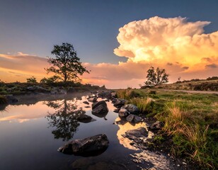 Stream, rocks, grass, and trees frame water reflecting sunset colors & a huge cloud under a blue sky on a quiet evening