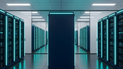 High tech AI data center with navy server racks and teal LED lights