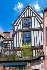 Half-timbered buildings in the historic center of Rouen, France. Rouen is the capital of Normandy. Half-timbered houses are a hallmark of the city.