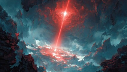 Fiery beam shoots into swirling red and blue cloudscape