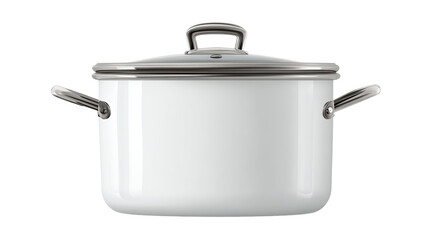 A shiny stainless steel saucepan, pot, and pan with lids are isolated on a white background as clean metal kitchenware equipment and essential cooking utensils for soup or casserole