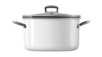 A shiny stainless steel saucepan, pot, and pan with lids are isolated on a white background as clean metal kitchenware equipment and essential cooking utensils for soup or casserole