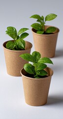Fototapeta premium Three sprouts in brown paper pots on white