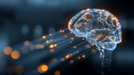 Glowing brain structure with light beams emanating