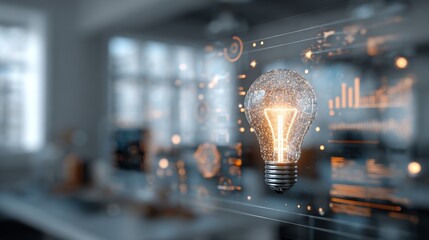 Glowing bulb overlays interface graphs, against blurred office