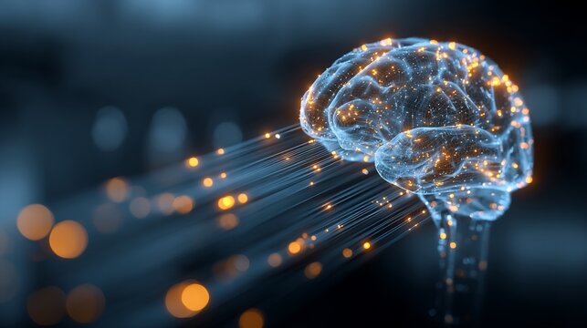 Glowing brain structure with light beams emanating - Powered by Adobe