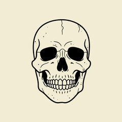 Fototapeta premium A detailed, front-facing illustration of a human skull with visible teeth and eye sockets, drawn in a clean line art style.
