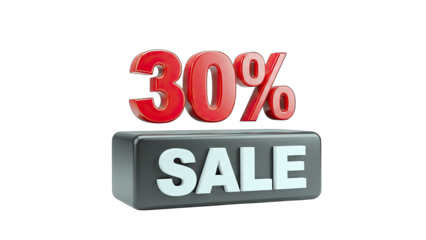 3D 30% Off Sale Banner with 3D Text on transparent background