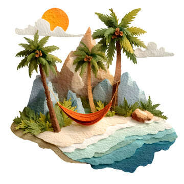 Tropical Island with Hammock Paper Cut Illustration