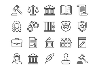 A set of 20 black line icons on law and justice. The collection includes symbols like a gavel, scales, courthouse, judge, and more, rendered in a clean, minimalist style. © GOLDMAN