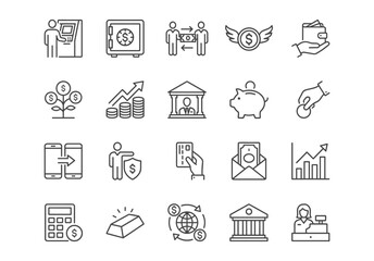 Set of 20 black line vector icons related to finance, money, banking, and investment. Simple, clear outlines on a white background, perfect for business and web design.