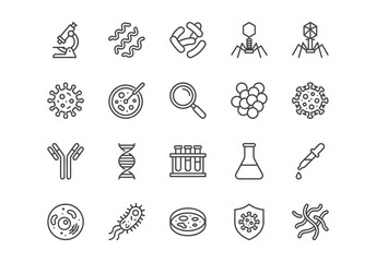 Microbiology and biology line icon set. Vector collection of laboratory equipment, viruses, bacteria, DNA, cells, and science symbols. Black outline isolated on a white background.