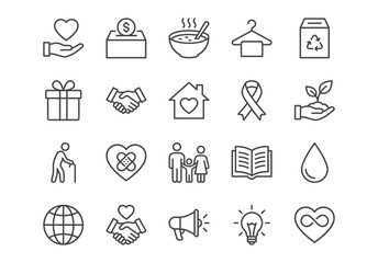 Set of 20 charity and donation line icons. Vector illustration collection includes symbols of helping hand, heart, fundraising, and volunteering. Minimalist black stroke style on white. © GOLDMAN