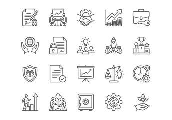 Business and finance line icon set. Vector symbols for partnership, collaboration, success, money, and contract. Clean outline style. © GOLDMAN