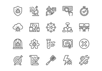 Software testing and Quality Assurance QA line icons set. Vector illustration of debugging, automation, code inspection, and development symbols. Black outline style. © GOLDMAN
