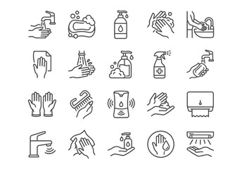 Set of 20 line icons for hand hygiene, washing, sanitation, soap, gloves, and dryers. Black outline vector illustration on white background.