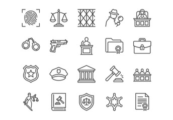 Set of 20 black line icons on law, justice, and police theme. Includes scales, gavel, handcuffs, and more. Minimalist vector design.