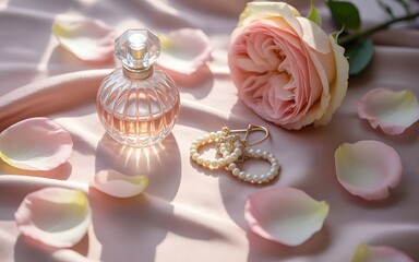 Romantic still life with vintage perfume bottle and gold rings