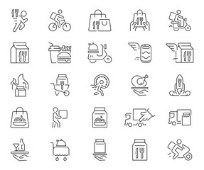Food delivery icons set. editable line icons, outline, courier and restaurant symbols