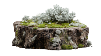 A weathered tree stump isolated on a white background captures a natural forest landscape with green trees and autumn rocks under a clear mountain sky